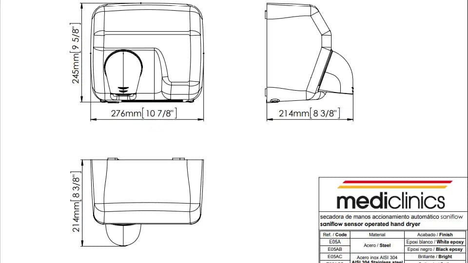 Hand Dryer Mediclinics Saniflow E05ACS, 2250 W, matte chrome