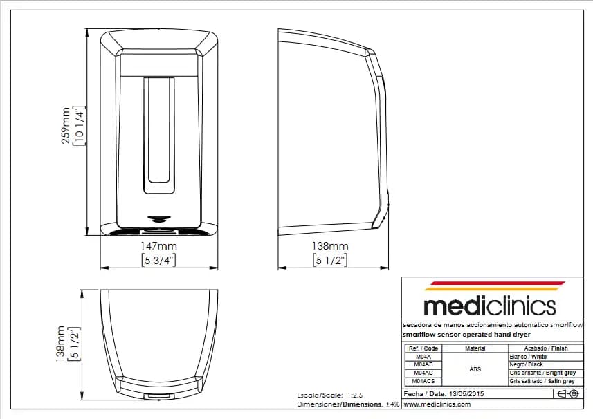 Hand Dryer Mediclinics Smartflow M04A 1100 W, matte white color