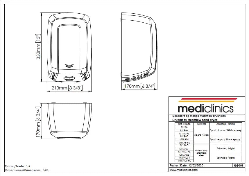 Hand Dryer Mediclinics Macflow Plus, sensor-activated, 1100 W, matte chrome, M19ACS