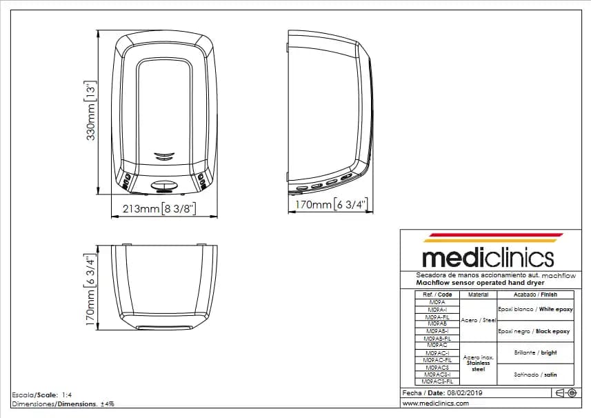Hand dryer Mediclinics Macflow plus, IR sensor, 1500 W, matte chrome, M09ACS